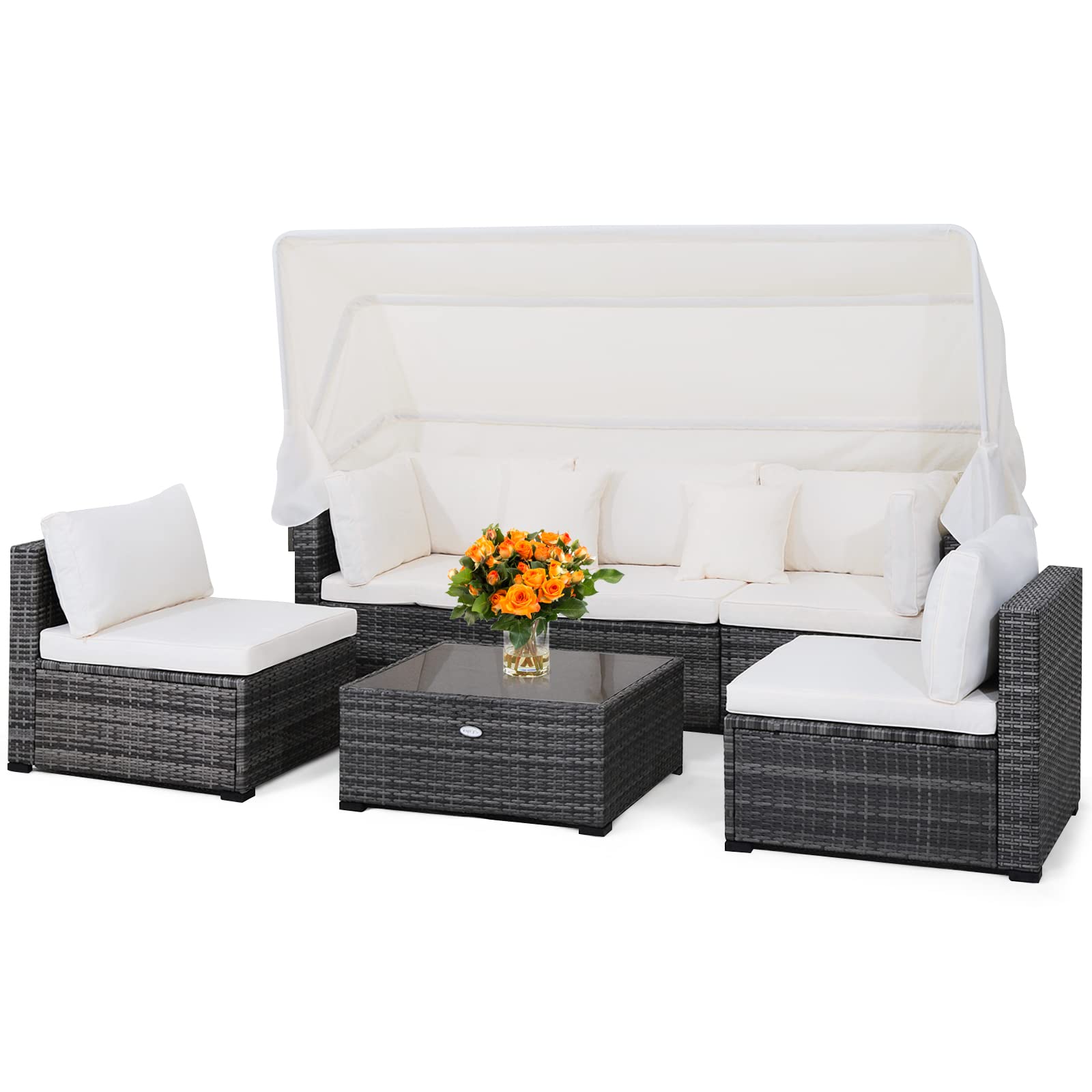 Ensemble de mobilier de patio 6 pièces avec auvent rétractable, salon de jardin